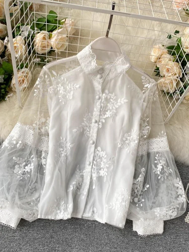 Women French Mesh Lace Blouse Stand Collar Three-dimensional Embroidered Puff Sleeves Court Style Slim Shirt Female Blusa PL610