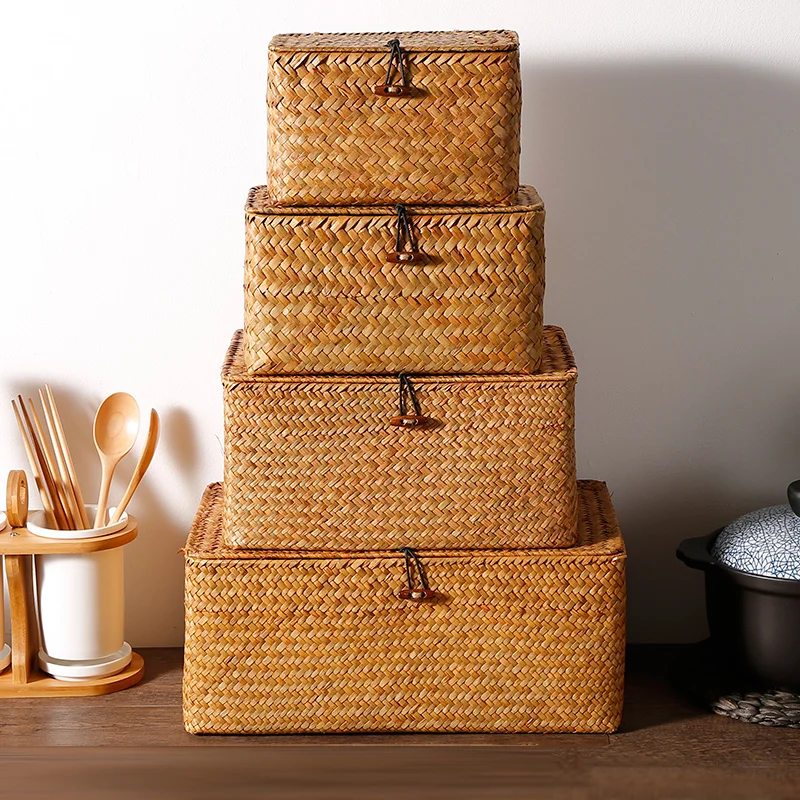 Lot De 5 Paniers De Rangement En Jonc De Mer Avec Couvercle – 5 Tailles Naturelles, Pour étagères Et Tiroirs