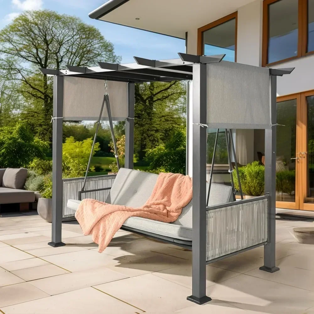 3-Seat Patio Swing Chair,Outdoor Patio Swing Bed with Adjustable Curtains,Porch Swing Bed for Balconies, Gardens and Poolside 4