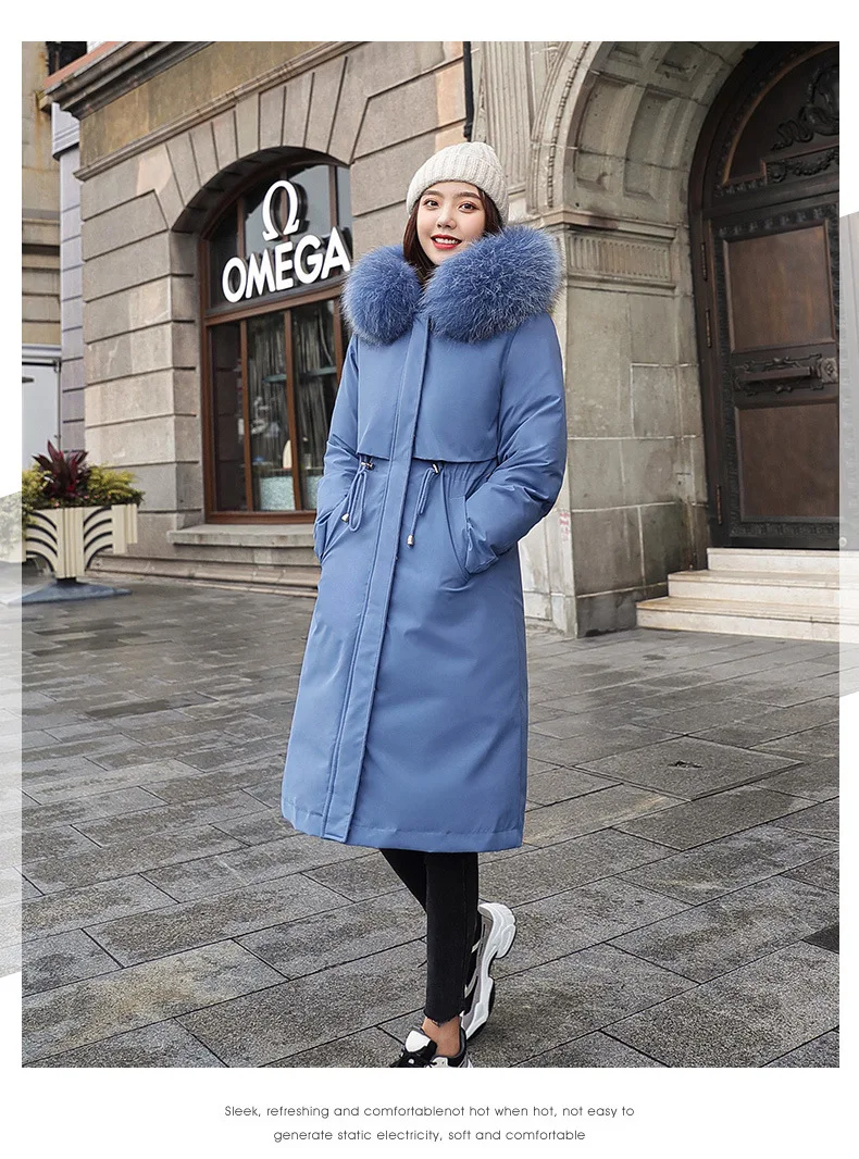 Winter Fashion Hooded Long Down Jacket Women Solid Big Fur Collar Lace Up Coats Ladies Casual Thick Warm Slim Plus Size Parkas