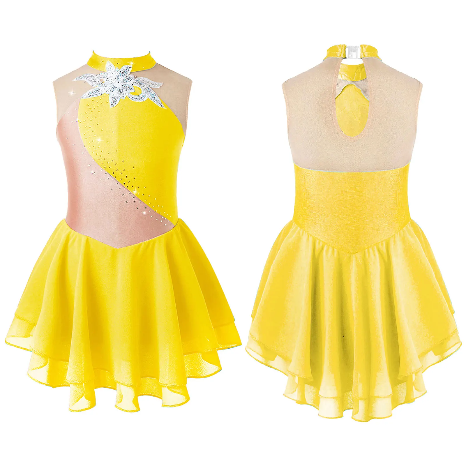 thumbnail image 1 of Traje de patinaje sobre hielo para niñas con brillantes diamantes de imitación, maillot de ballet, vestido de baile lírico con dobladillo irregular, vestido de tutú y leotardo, 1 of 5