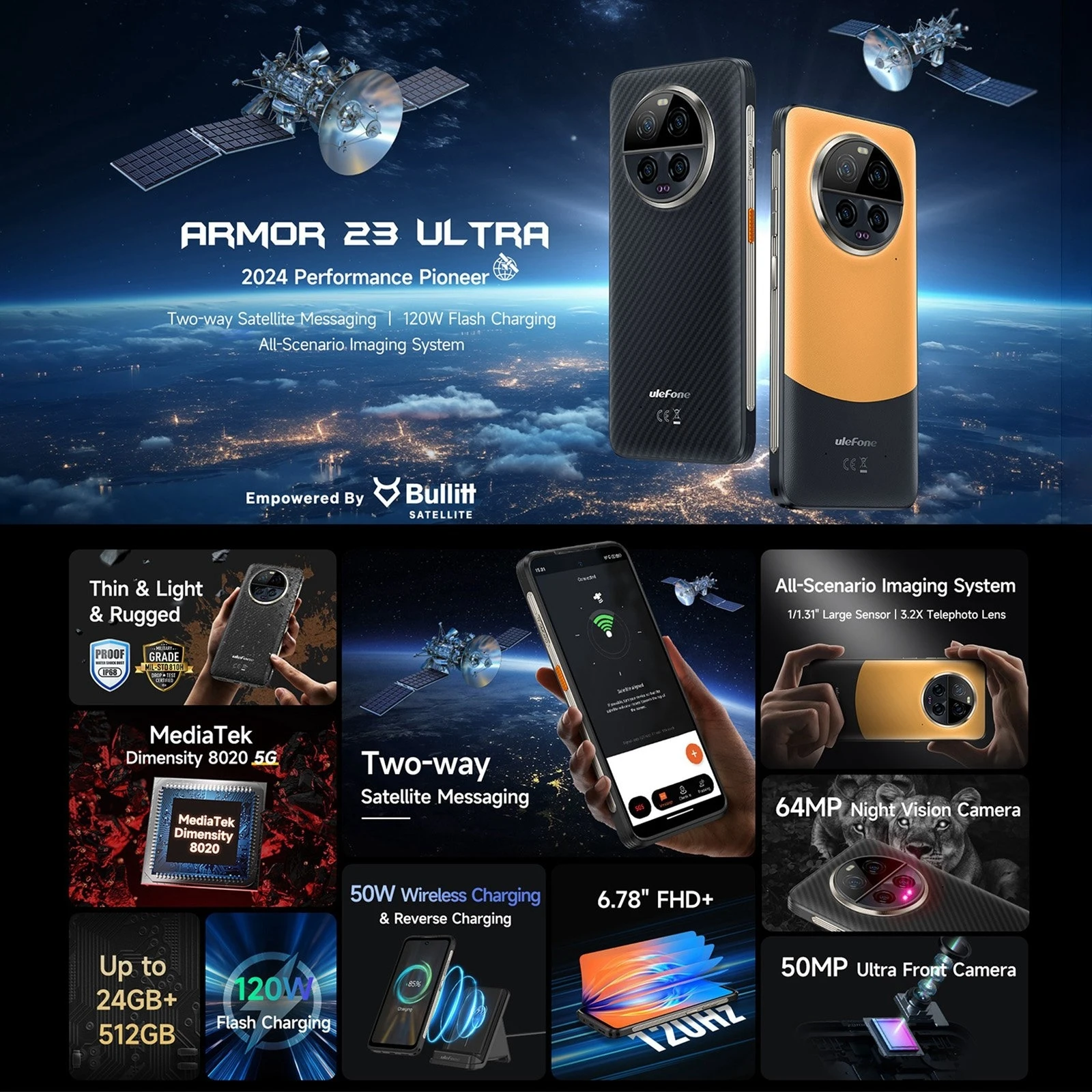 Ulefone Armor 23 Ultra Rugged Phone 12GB+512GB Satellite Message 6.78” 64MP  Night Camera 120W MediaTek Dimensity 8020 NFC Phone