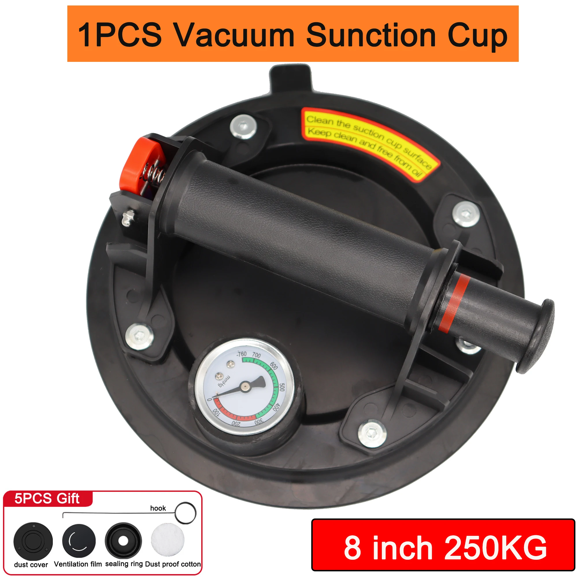 8" Glass Vacuum Suction Cup, Heavy Duty Suction Cups with pressure gauge, Hand-held Lifter for Lifting Glass, Tile, Auto