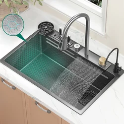 Large Single Sink Embossed Honeycomb Kitchen Sink Stainless Steel Waterfall Sink Household Sink Dishwashing  Sink For Kitchen