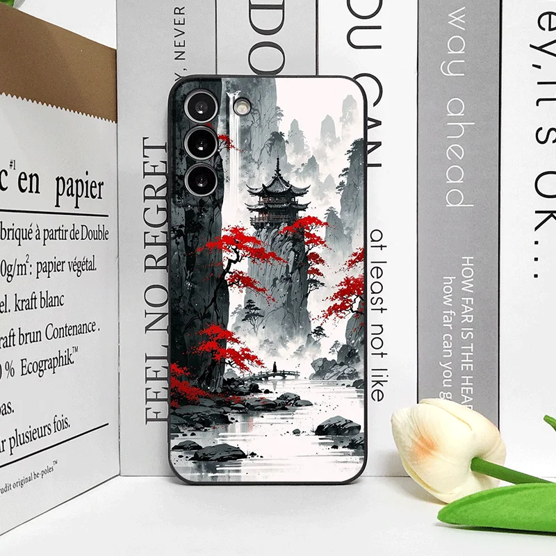Ink Art Print Japanese Mountain Landscape Shockproof Silicone Phone Case
