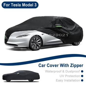 For Tesla Model 3 Full Car Cover - Outdoor Universal Full Body Cover With Side Zipper, Waterproof Dustproof Sunshield 1