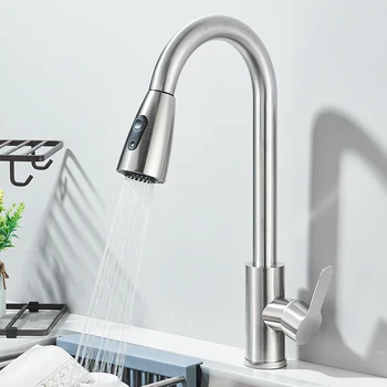 Rubinetti per lavello da cucina estraibili in acciaio inossidabile Lavello da cucina Rubinetto per acqua Miscelatore montato su piano Testa di spruzzatore a flusso Rubinetti caldi e freddi 1