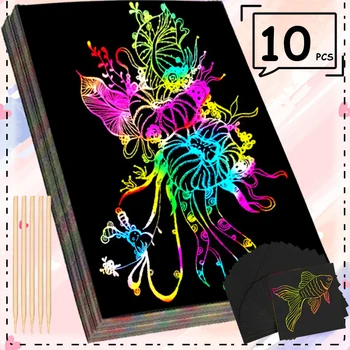 10 Pezzi Carta Graffio Nera 16/32K, Kit Artistico per Pittura Creativa Fai-da-Te con Bastoncino di Bambù, Carta Colorata per Disegno