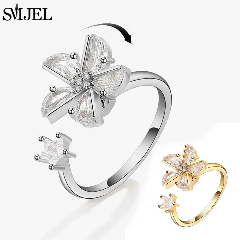 Fidget Spinner Ring Rotating Anxiety Daisy Flower Knuckle Ring for Women Spinner Boho Floral Plants Anti Stress Wedding