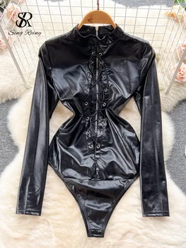 SINGREINY Autumn Drawstring PU Leather Sexy Rompers Women Zipper Open crotch Slim Bodysuits Fashion Corset Streetwear Playsuits