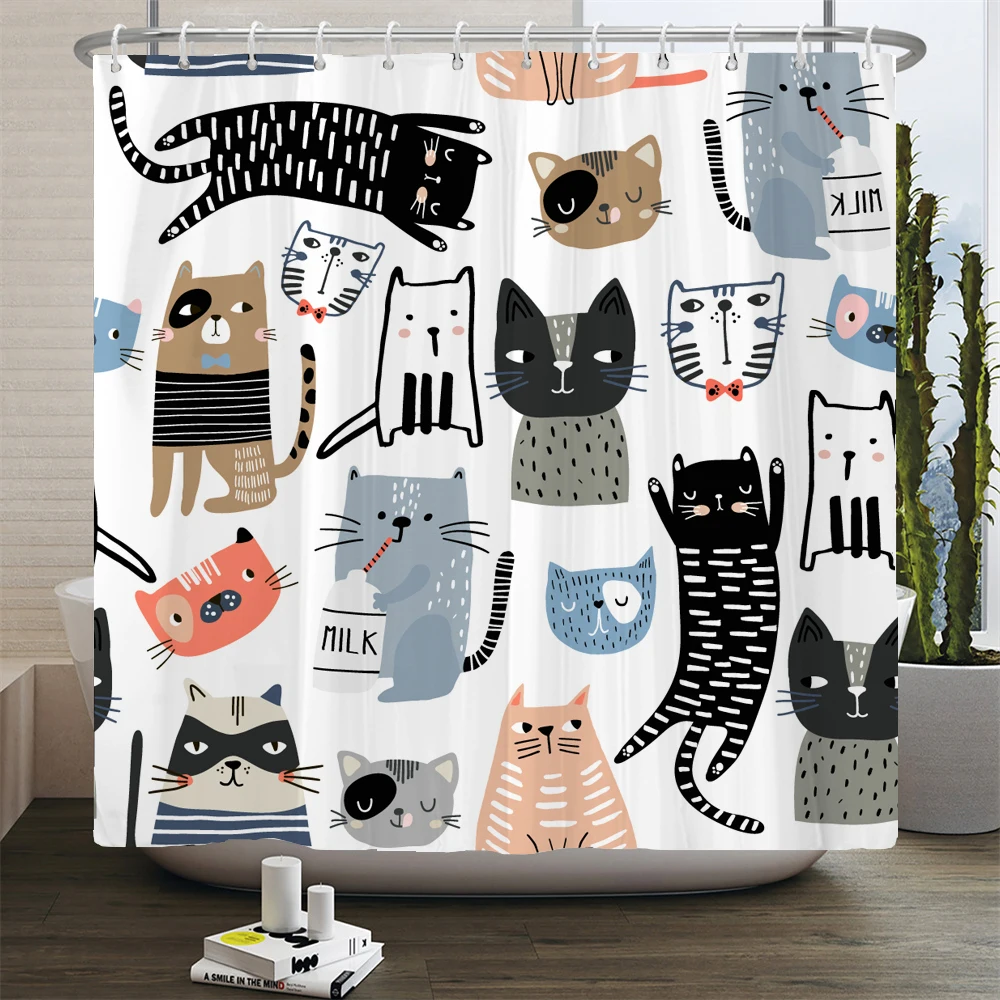Shower Curtains Cat Printed Cartoon animal Bath Curtains Bathroom Bathtub Bathing Cover 12 pcs Hooks