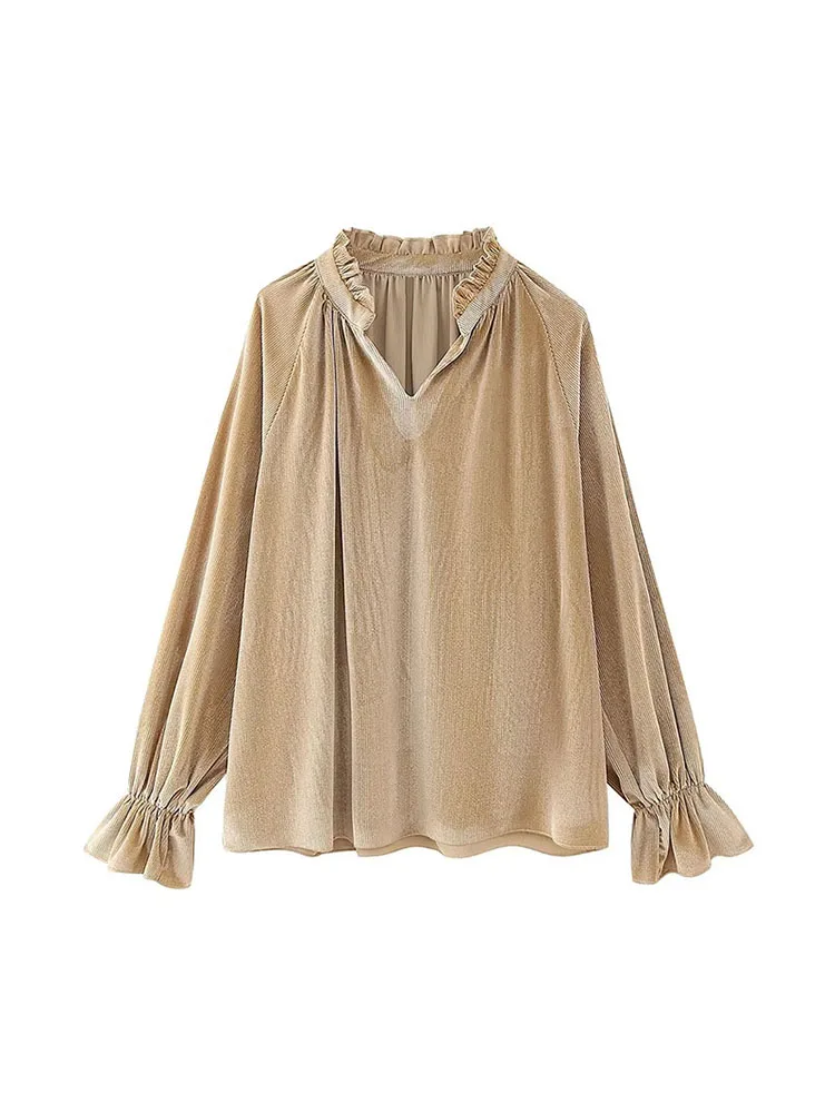 

ZADATA 2023 new women's fashionable and versatile solid color elegant suitable for commuting ruffled V-neck shirt