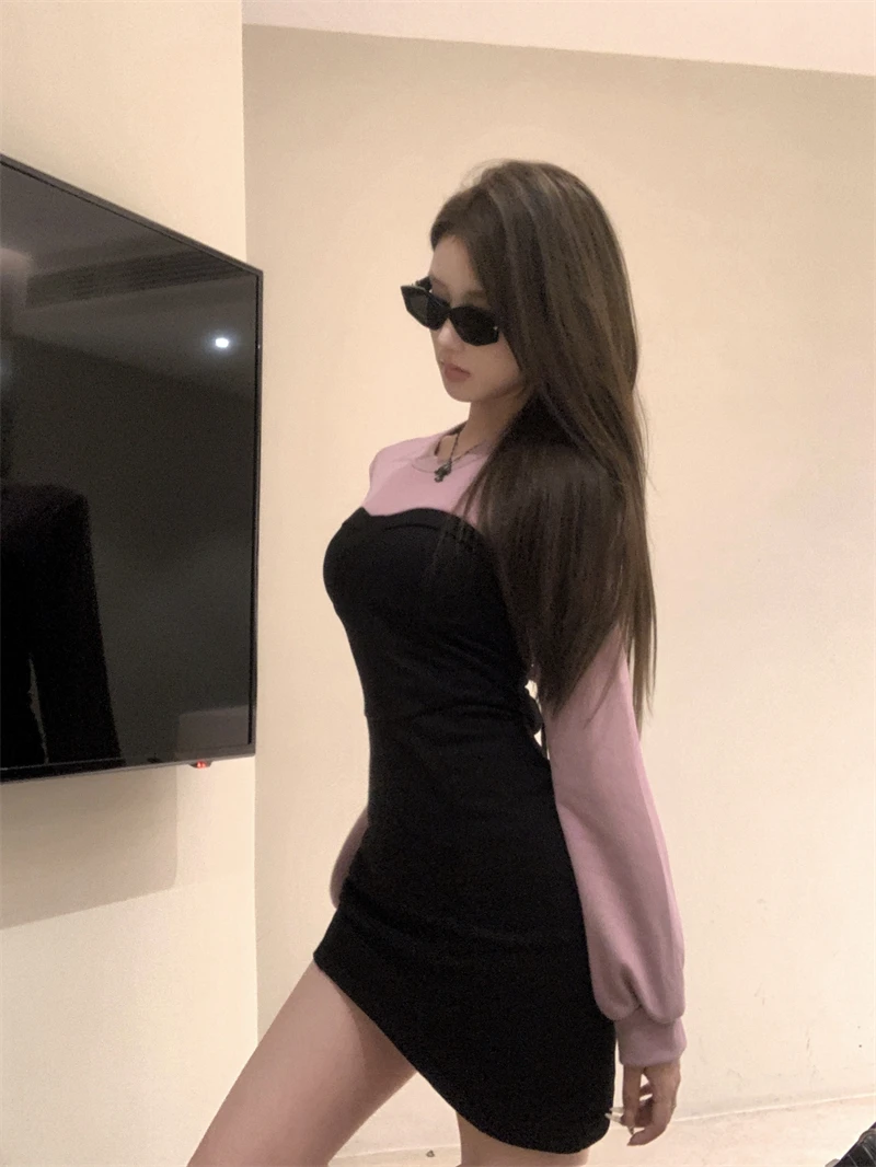 Sexy Patchwork Mini Dresses Women Long Sleeve Bodycon Lace-up Hollow Out Y2K Club Party Dress Korean Fashion Autumn New Vestidos