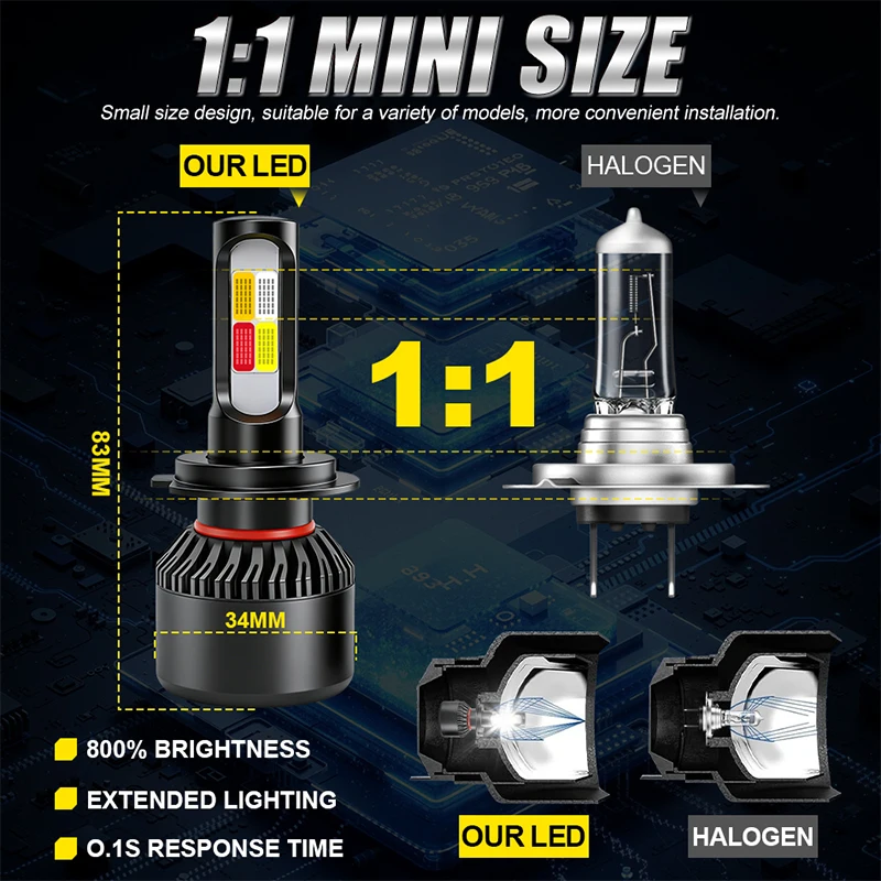 4900W H7 LED 헤드라이트 4색 H4 H8 H9 H11 LED 자동차 램프 레드 화이트 옐로우 블루 COB 칩 터보 팬 9005 9006 HB3 HB4 9012 Hir2