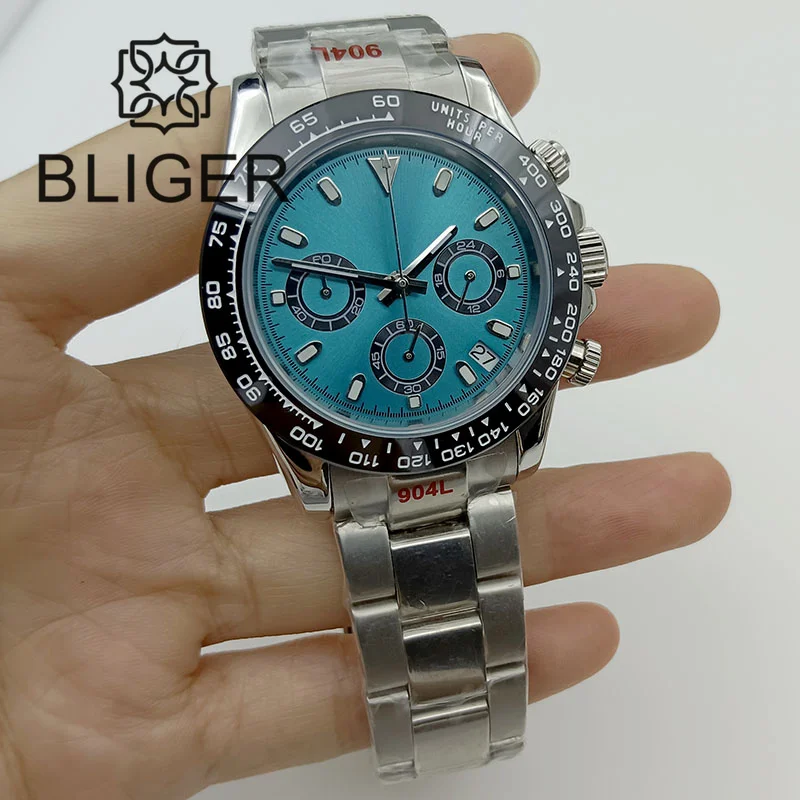 

BLIGER 39mm Quartz Chronograph Business Sapphire Crystal Men's Watch VK63 Movement Calendar Stainless Steel Blue Dial Luminous