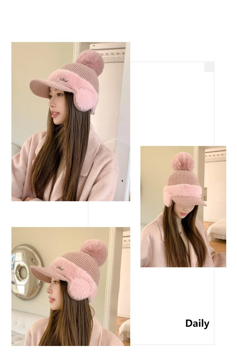 Nuovo berretto da baseball invernale in pelliccia di visone con protezione per le orecchie in pelliccia di coniglio per le donne, moda coreana, tinta unita, semplice cappello lavorato a maglia con palline di lana_voghion.com