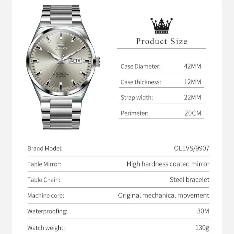 OLEVS 9907 Original Brand Watch for Men Auto Date Week Waterproof Luminous High Quality Stainless steel Man Wristwatches