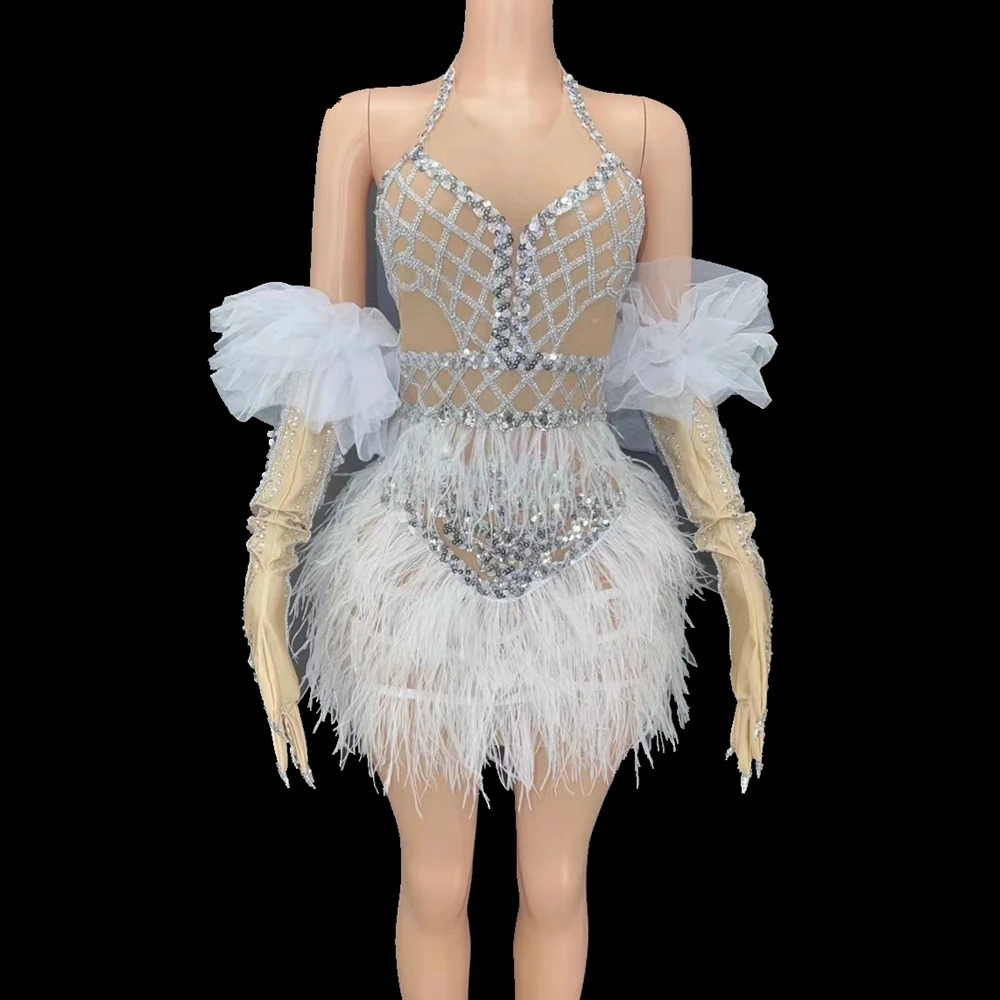 

Club Stage show Dance Costume Celebrate Birthday Party Nightclub diamond stone cloth Sparkly Sequins Feather Dresses Gloves