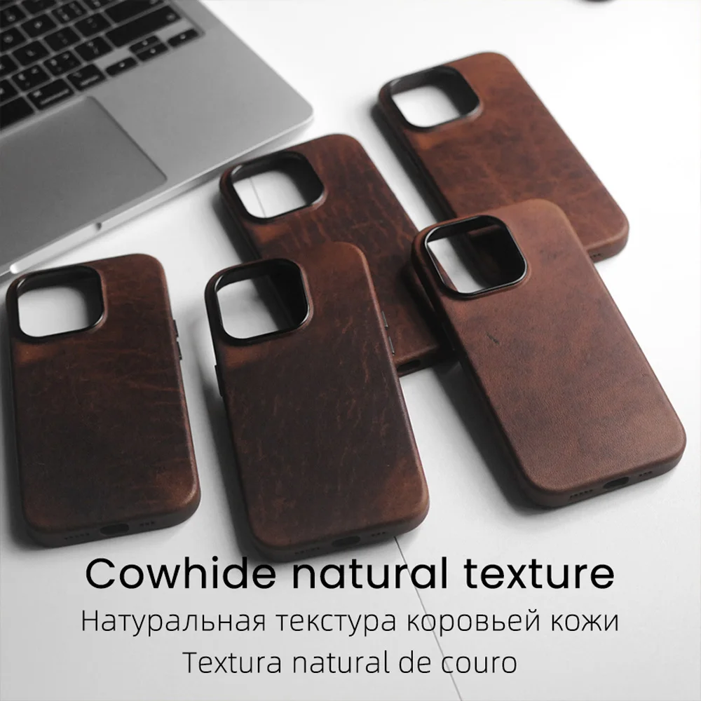 YMW Magnetic Rough Genuine Leather Case for iPhone 14 Pro Max Wild Business Natural Cowhide Phone Cases Back Cover