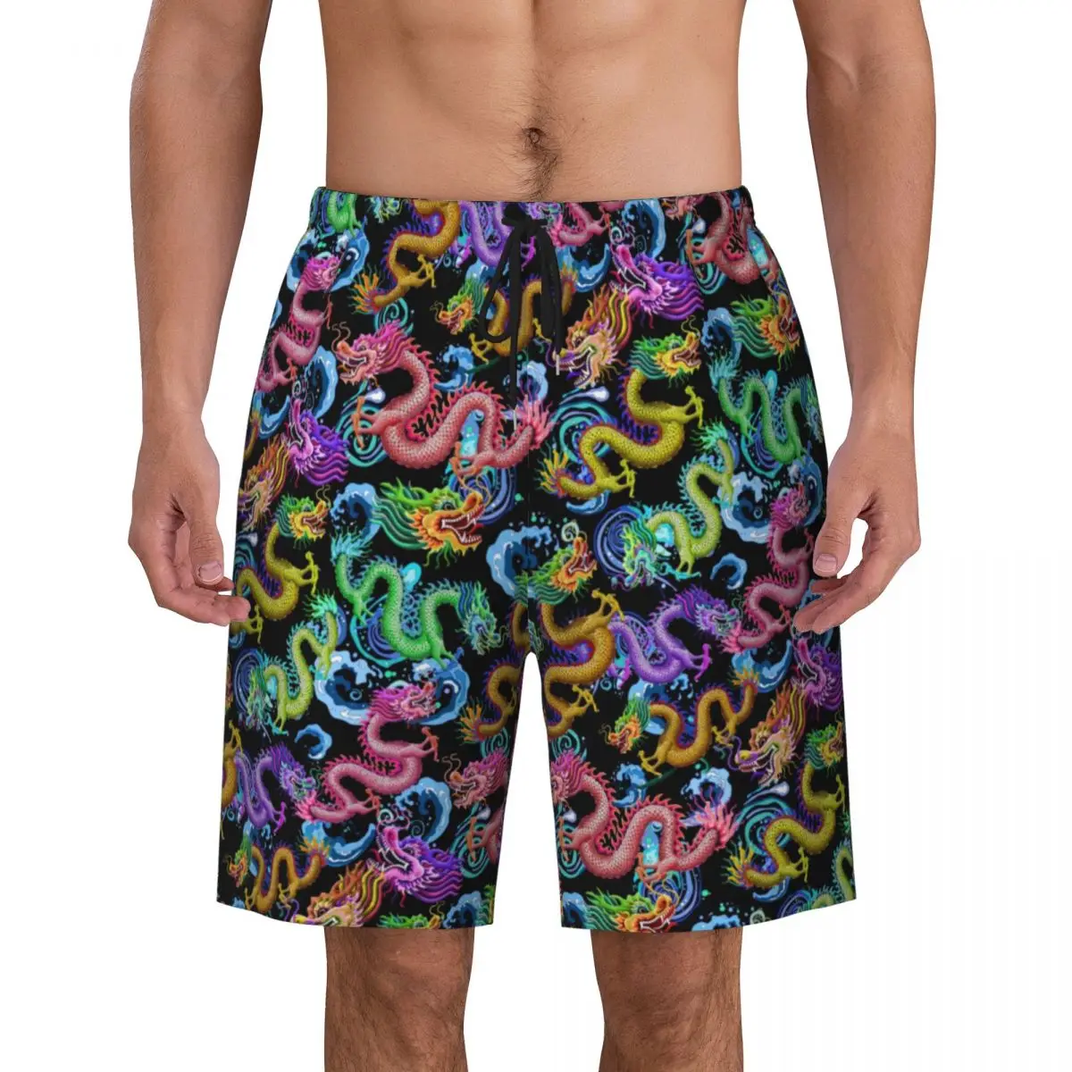 

Dragon Storm Board Shorts Summer Colorful Dragons Print Classic Beach Shorts Men Sports Quick Dry Graphic Swim Trunks
