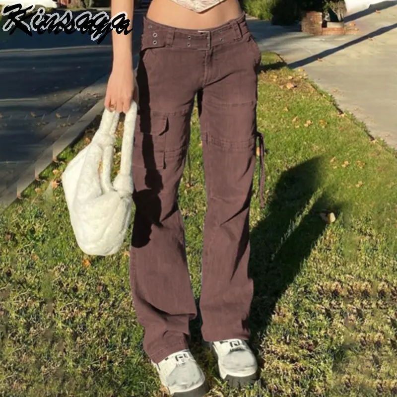 Y2K Low Rise Straight Brown Cargo Jeans Wrap Belt Denim Pants Ruched  Drawstring Women Denim Trousers Street Indie Aesthetic Jean - AliExpress