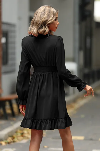 For Women New Spring Ruffles Flare Sleeve V Neck Elegant Black Short Mini Dress Vestidos De Mujer Sukienki Damskie - AliExpress
