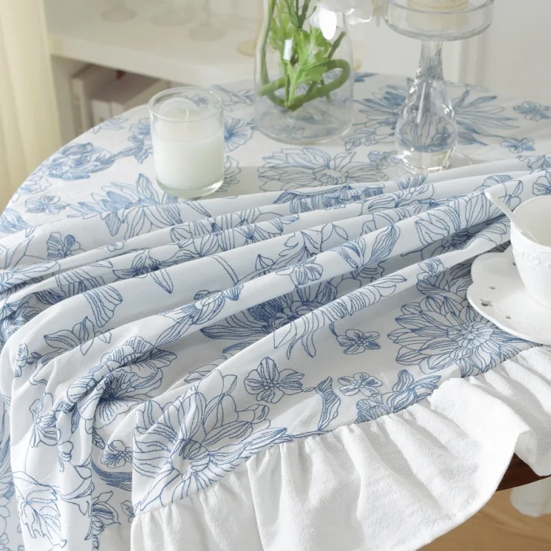 Blue Embroidered Flowers Cotton Tablecloth,Tea Table Decor,Rectangle Table Cover For Kitchen Wedding Party Festival Dining Room 5