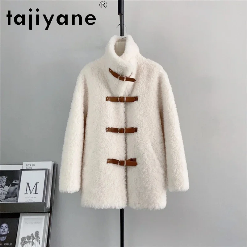 

Fashion Tajiyane 100% Wool Coats for Women Autumn Winter Elegant Mid-length Sheep Shearing Jacket Standing Collar Fur