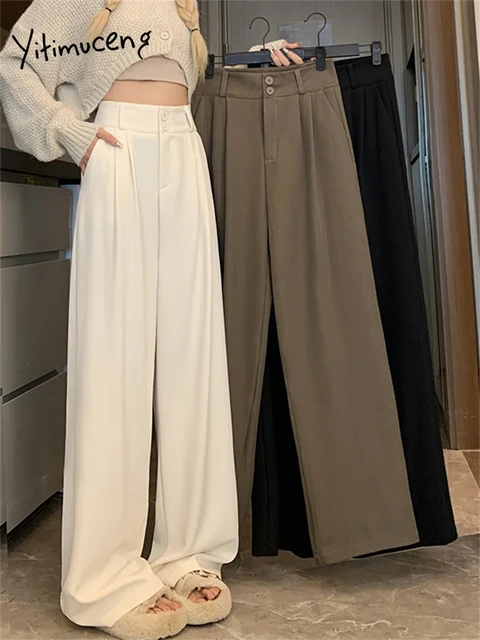 Yitimuceng High Waisted Pants for Women 2023 Autumn New Fashion Solid  Casual Straight Pant Office Lady Loose Chic Wide Leg Pants