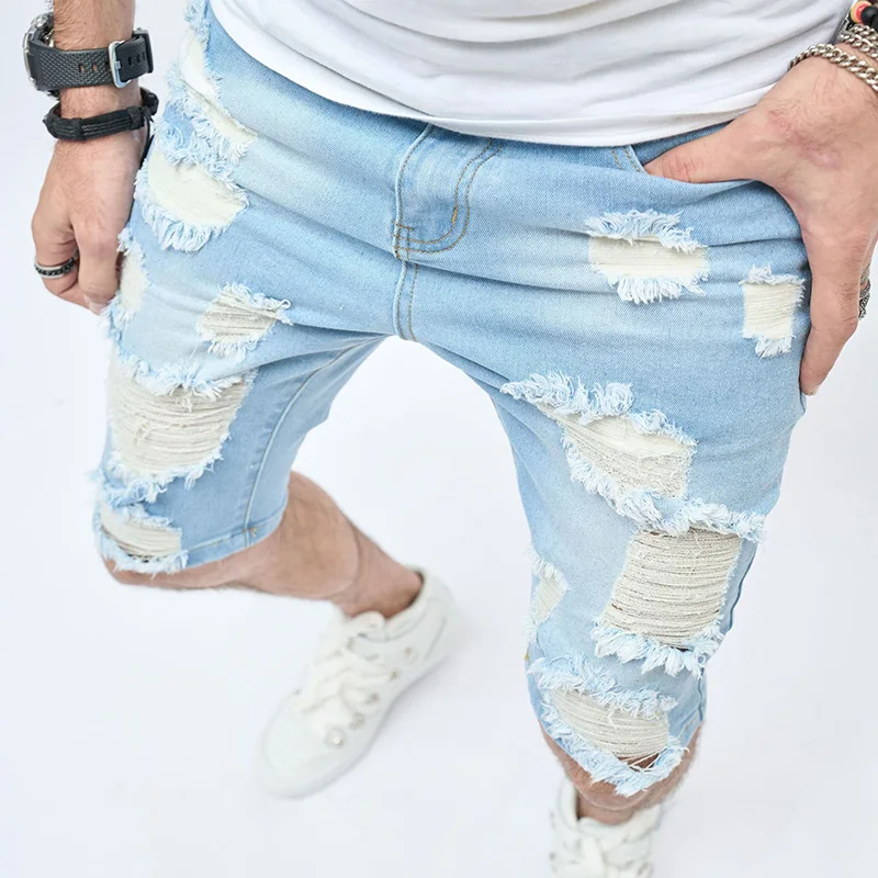 Men Short Denim Pants Ripped Knee Length Middle Waist Holes Causual Fashional Bleached Distressed Shorts Straight 21B1