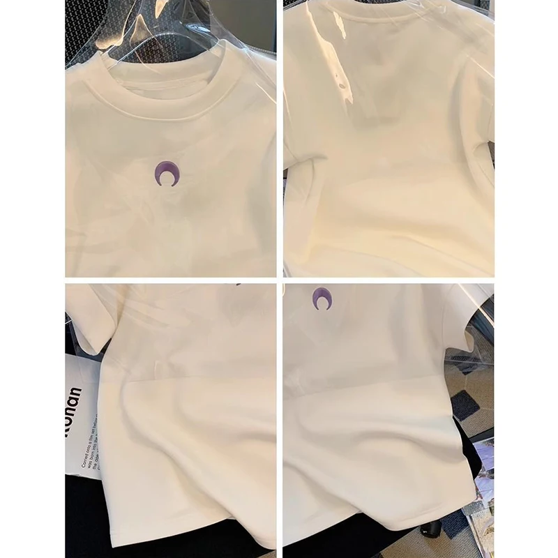 Women's White Moon Print Short Sleeve T-Shirt Summer Casual Round Neck Basic Tee Niche Fashionable and Versatile Top 6