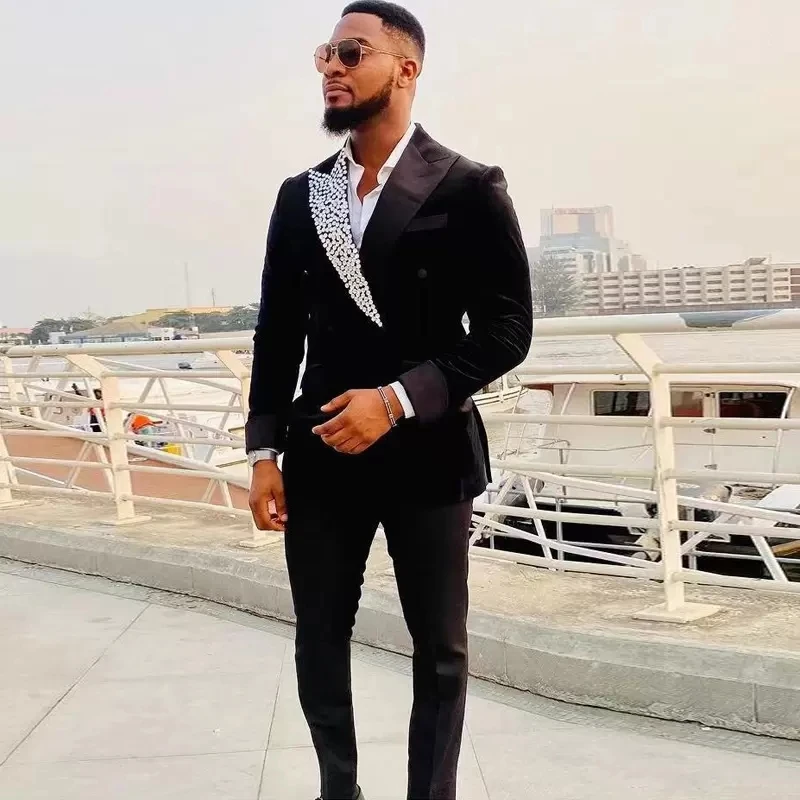 Velvet Men's Suits Tailor-Made 2 Pieces Blazer Pants Double Breasted Diamonds Gentle Satin Business Wedding Plus Size Tailored
