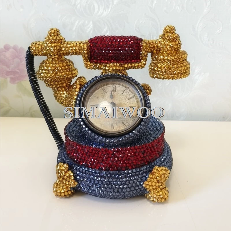 Strass Retro Telefon Statue Mosaik Stickerei Uhr DIY Handgemachte Münze Lagerung Bling-bling Dekorative Geschenk Kristall Geschenk – Detail 1