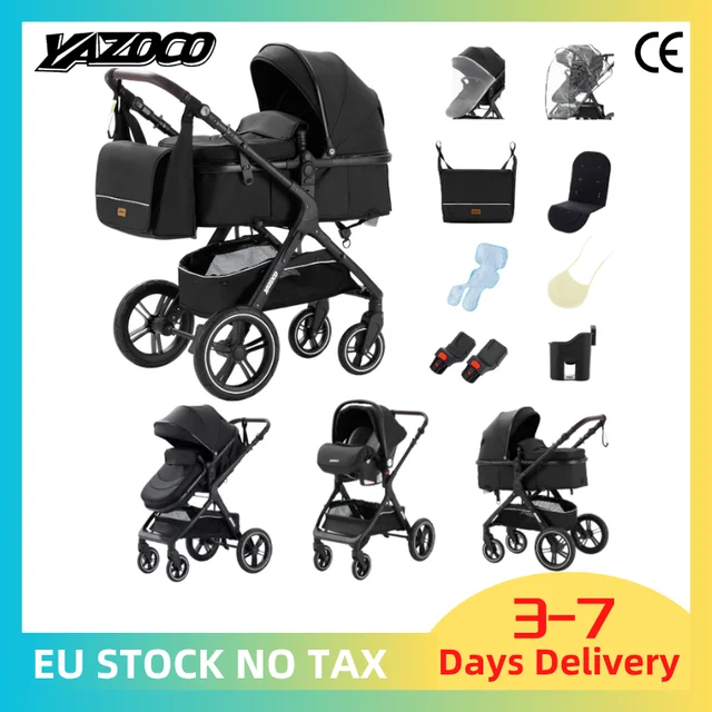 Poussette 3-en-1 pour bébé, poignée réversible, pliage en une seule étape, cadre en aluminium, ensemble 3 pièces, poussette à quatre roues 1