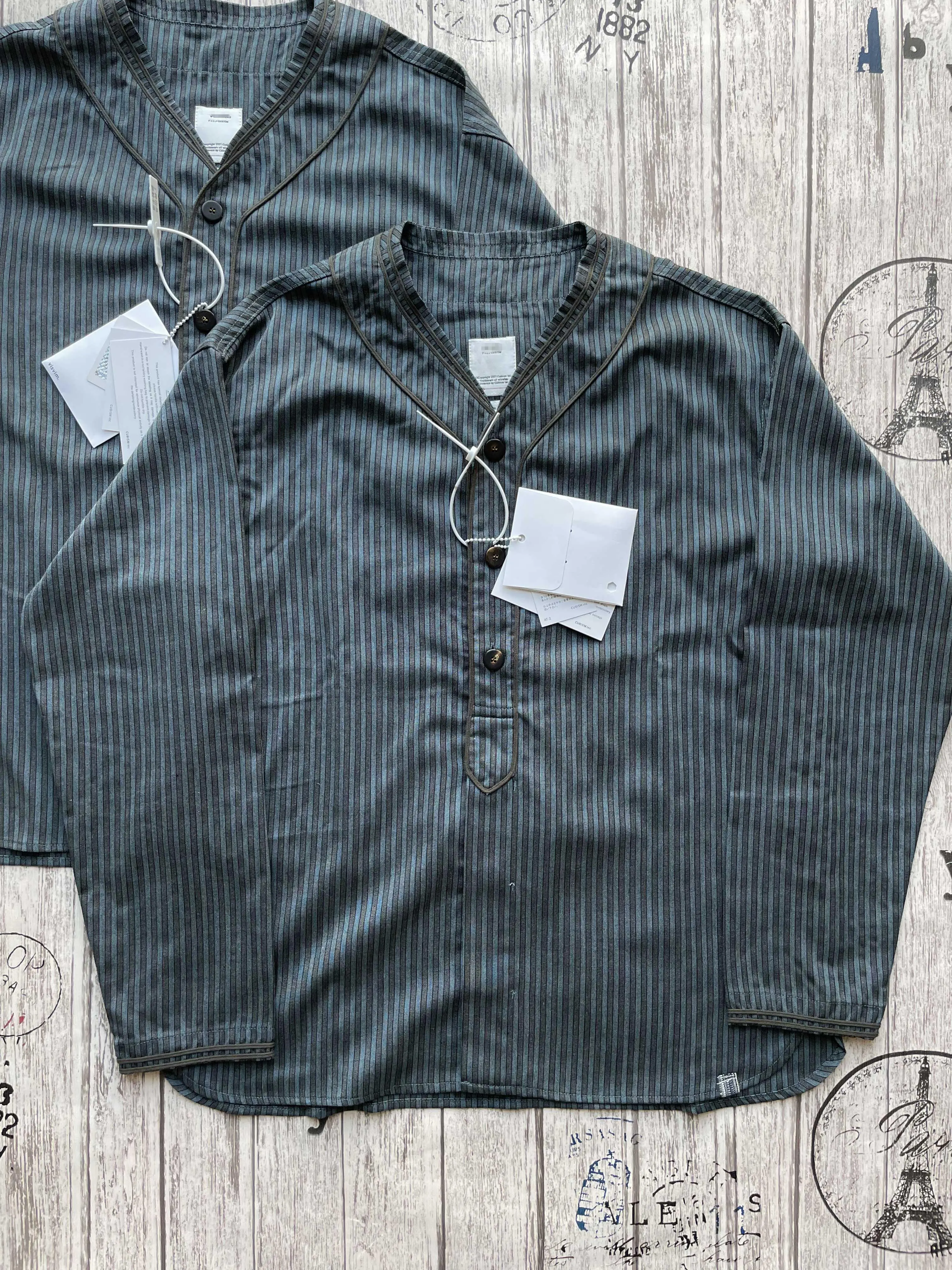 VISVIM DUGOUT SHIRT S/S SANTOME wool-blend striped baseball