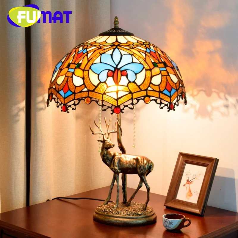 

FUMAT Tiffany stained glass desk lamp Pastoral style elk art Deco living room Dining Room bar bedroom Bedside reading lamp