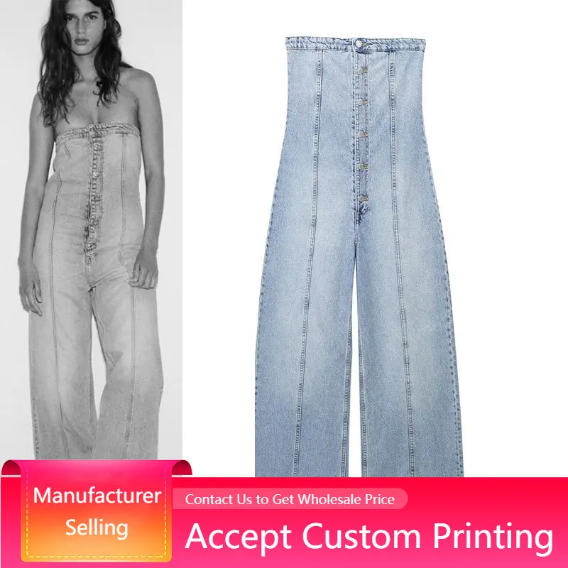 Women Denim Jumpsuit Sexy Sleeveless Off Shoulder Denim Psuits Button Decoration Straight Full   High Waist Wide Leg Playsuits