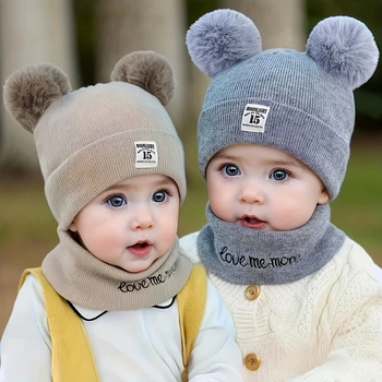 2pcs Winter Baby Hat Scarf Set Toddler Girl Boy Cap Knitted Beanie Fur Ball Cartoon Bear Snow Outfit Infant Accessories 1