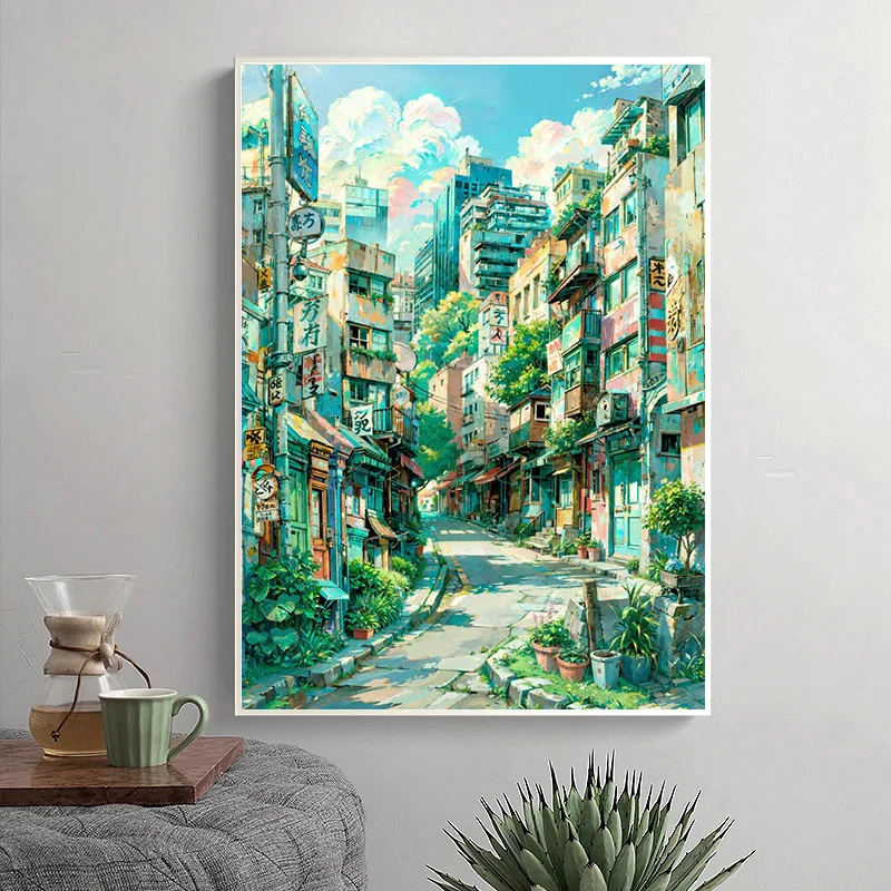 애니메이션 일본 거리 풍경 포스터 인쇄, 거실 홈 장식, 추상 풍경 캔버스 페인팅, 벽 예술 미학