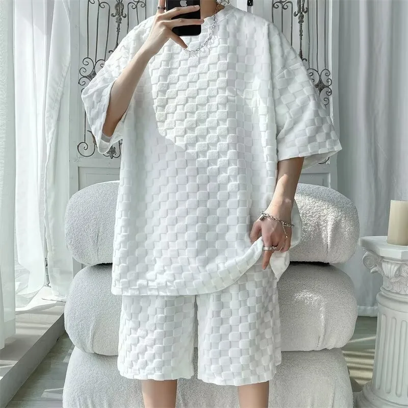 Men's High-end Summer Sets White Checkerboard T-shirts Shorts Summer Trendy Quality Casual Clothes Korea Youth Ins Hot Style 8XL