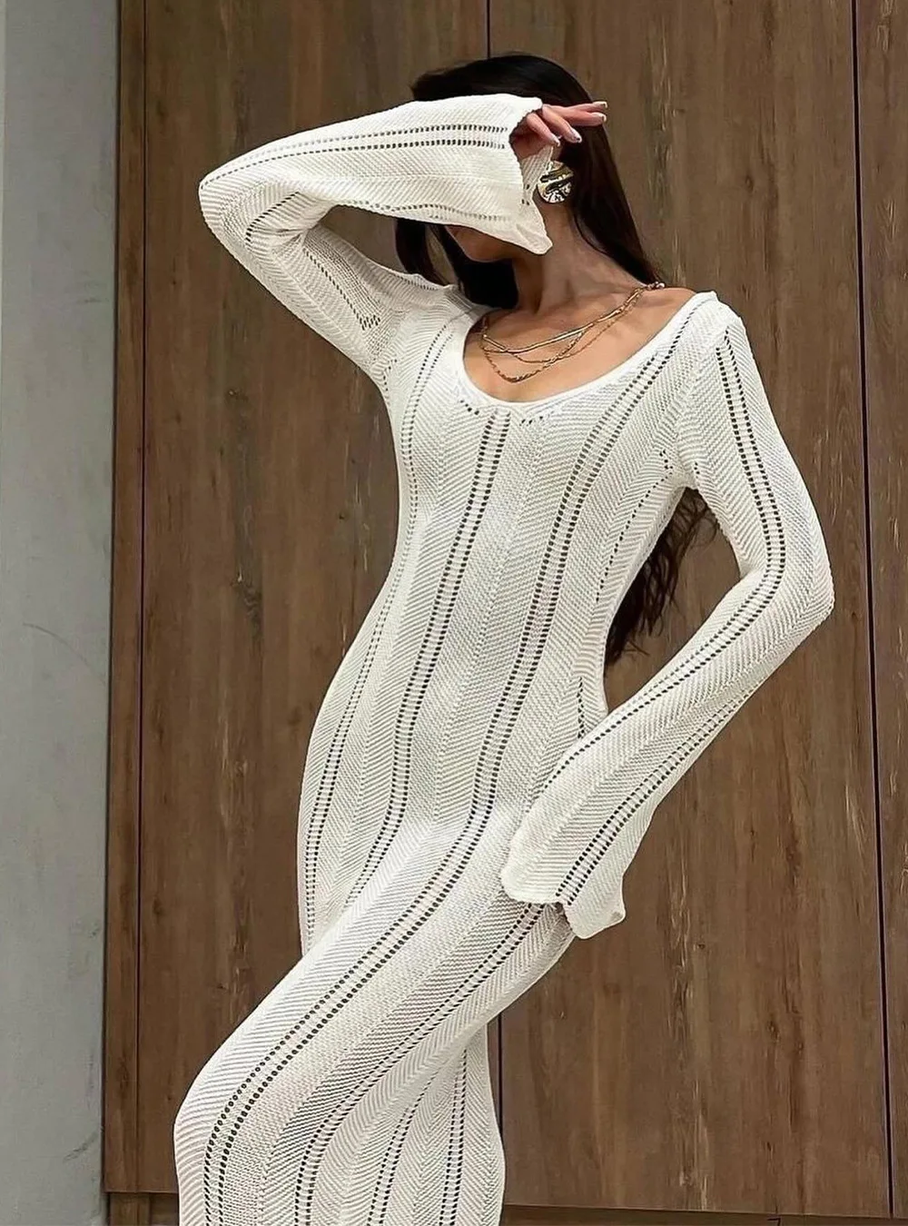 Hollow Out Knitwear Backless Long Dress Women's Slim High Waist Skinny Autumn Elegant Party Dress Female Knit Dress