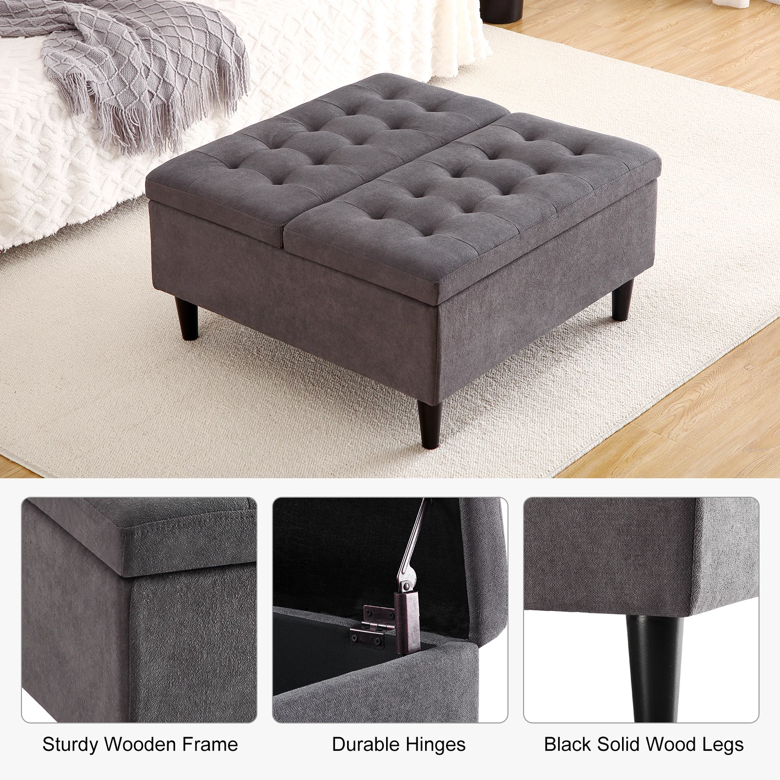 33" Square Storage Ottoman Upholstered Ottoman Coffee Table with Lift Top Cafe Table with Storage for Living Room 5