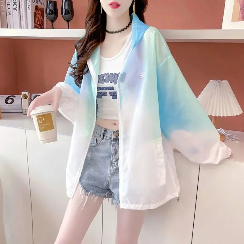 Loose Hooded Sunscreen Clothes Women's 2024 New Summer Wild Thin Coats Student Thin Zipper Jacket Colorful Tide Mermaid white384