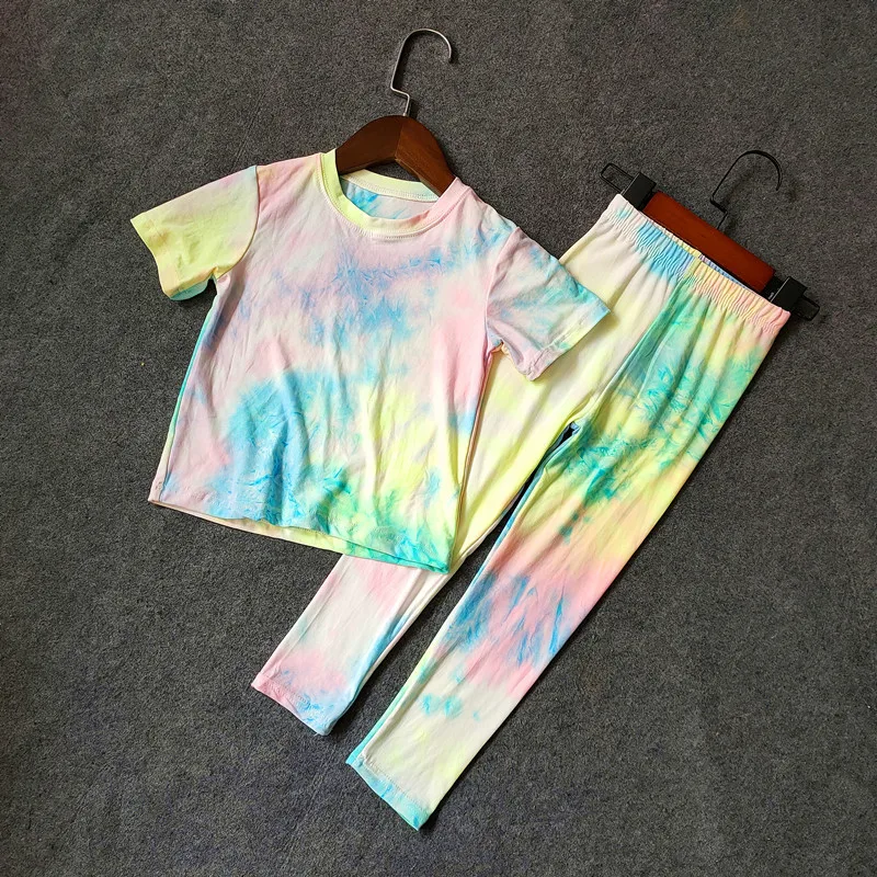 fat kid suit Baby Girls Tie Dye Print T shirts and Long Pants Suits Summer Kids Girls Tops V-neck T Shirt Children Slim Sport Clothes Set children's clothing sets in bulk Clothing Sets