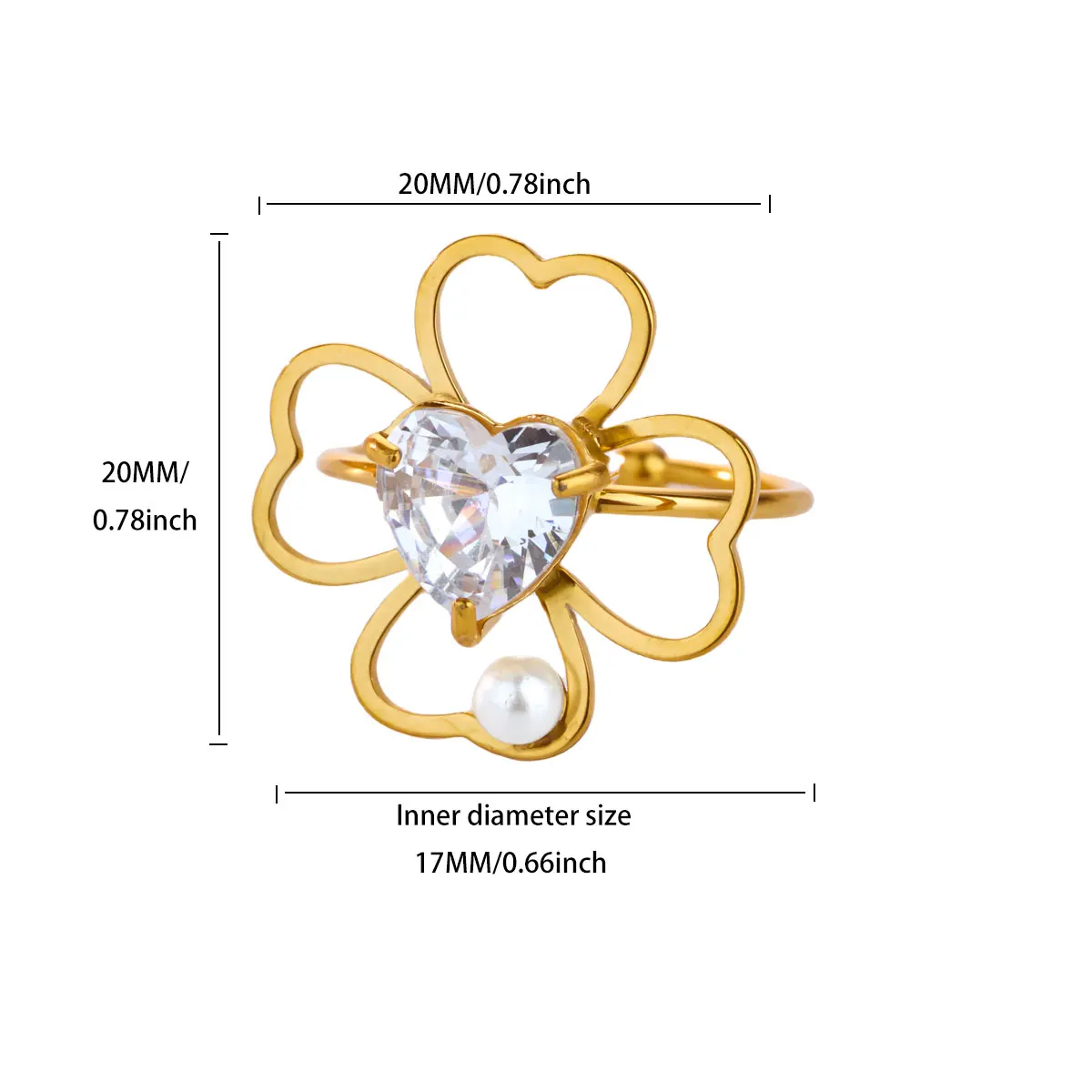 Zircon Heart Pearl and Leaf Ring Gold Women Ring