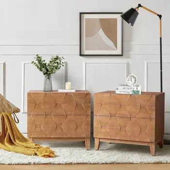 Wood Nightstand Set of 2 with 2 Drawers, 26" W Bedside Table 2 with Charging Station Space, Farmhouse Storage End Table 1