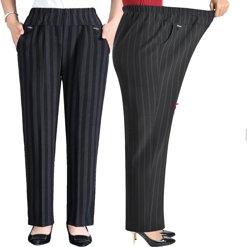 

Брюки для мам большого размера 8XL, свободные полосатые прямые штаны с эластичным поясом, повседневные женские длинные, на весну-осень