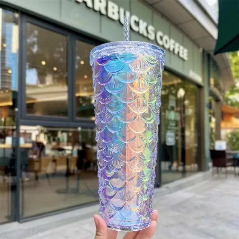 

710ML Durian Cup With Fish Scale Cup Reusable With Straw Mug Coffee Cup Double Plastic Cup Cold Bling Cup Drinkware