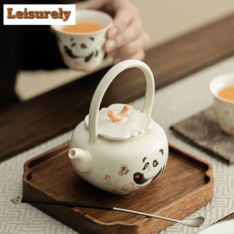 176ML Cream Ding Kiln Panda Play Butterfly Lifting Beam Teapot Handmade Tea Infuser Pot Tea Making Kettle With Filter Ornaments