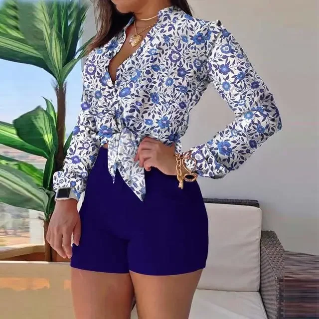 5008190010 New AliExpress Amazon Light Mature Long Sleeve Printed Stand up Neck Temperament Shirt Two Piece Set for Women